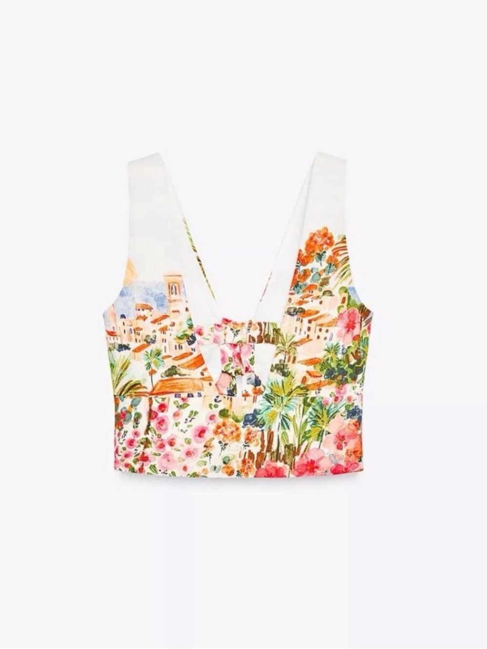 Zara Floral V-Neck Cropped Tank Top in White with Multi-Color Print